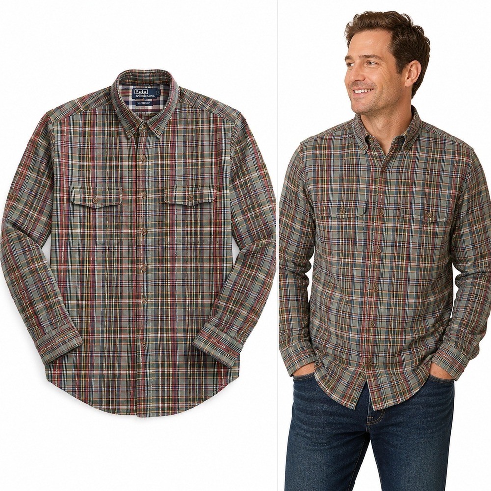 Polo Ralph Lauren Mens XL Plaid Button Down Shirt Green Red Cotton Roll Sleeve
